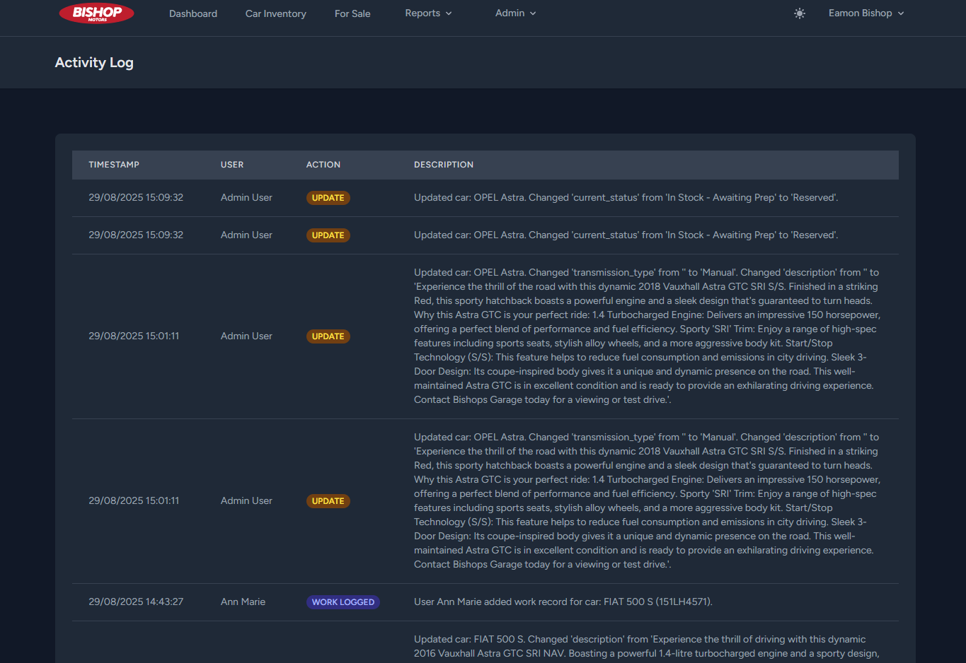 Bishop Sales - Activity Log